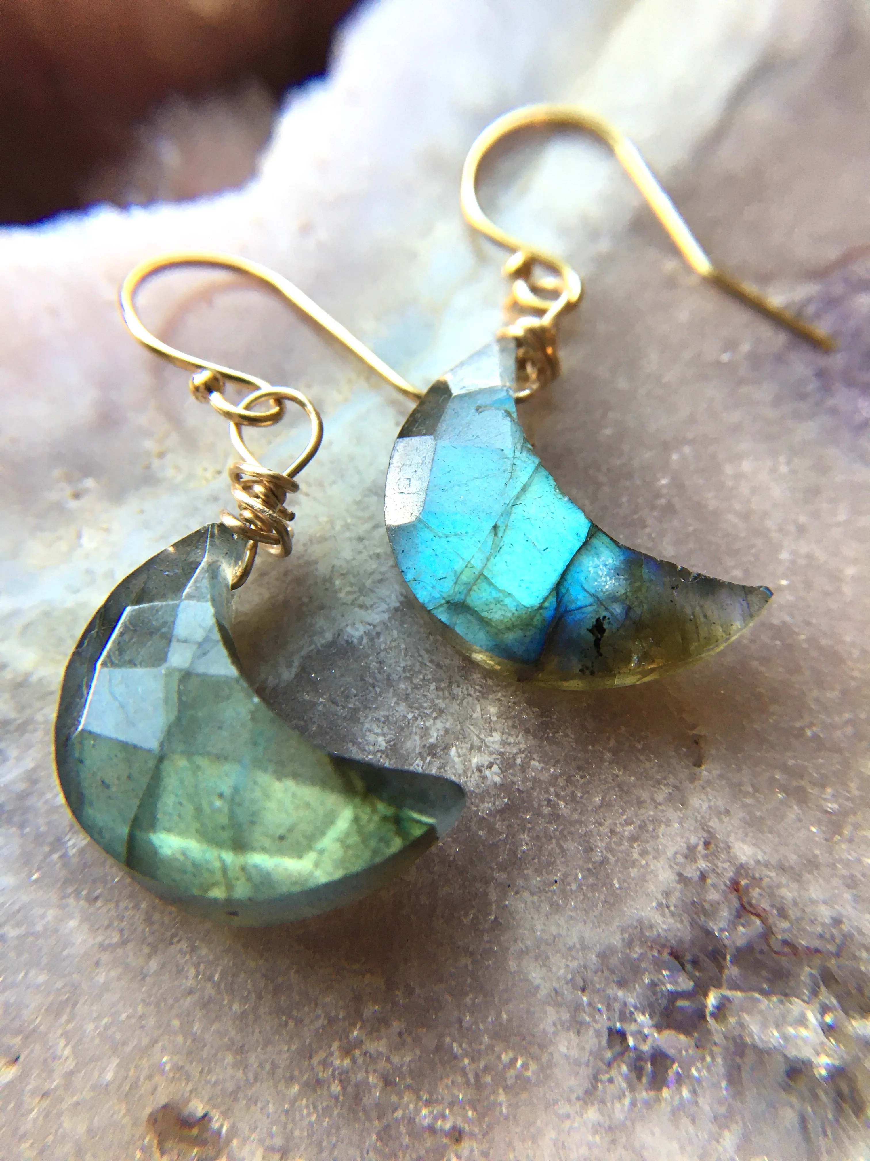 Faceted Mini Labradorite Moon Crystal Earrings