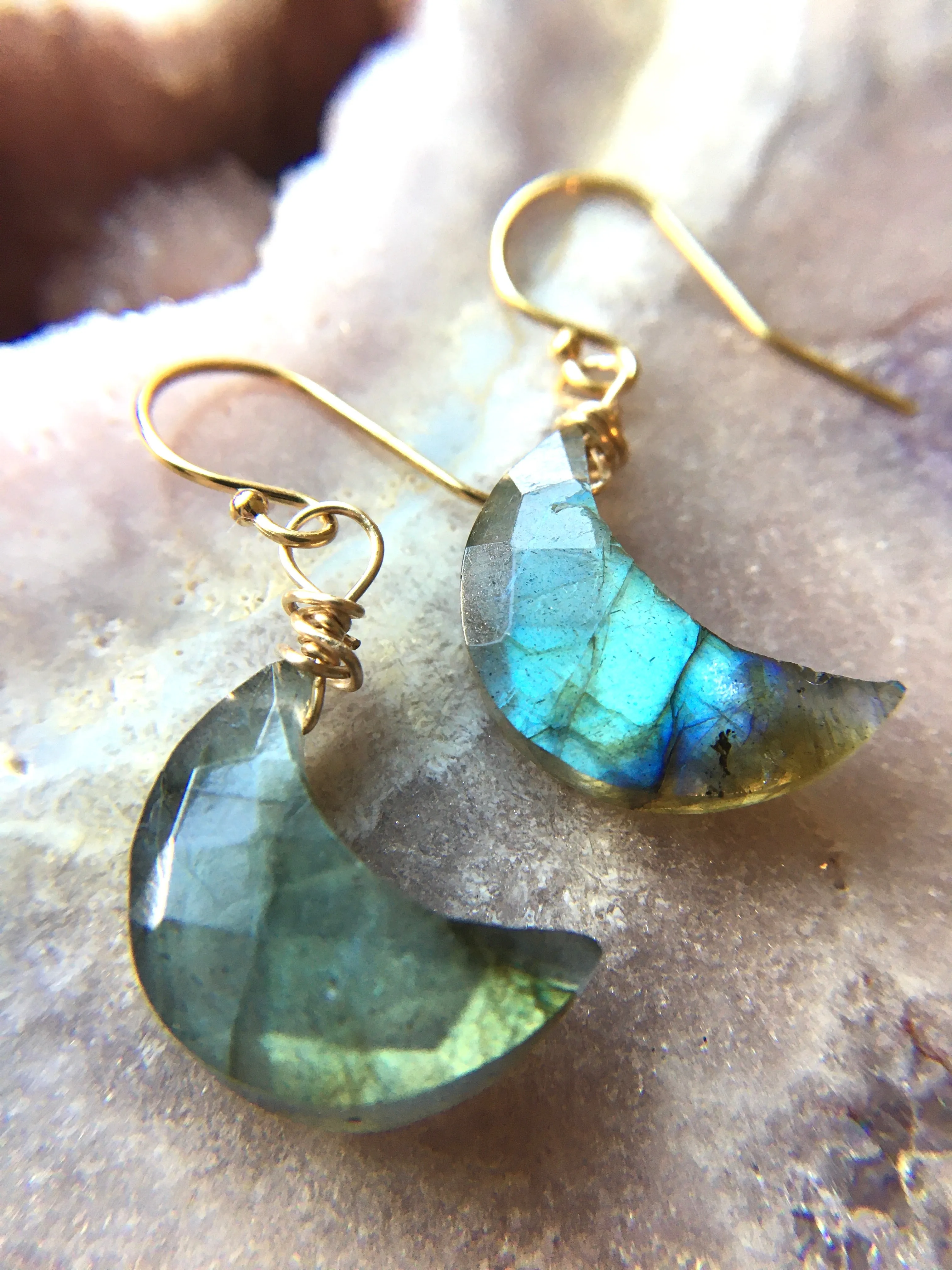 Faceted Mini Labradorite Moon Crystal Earrings