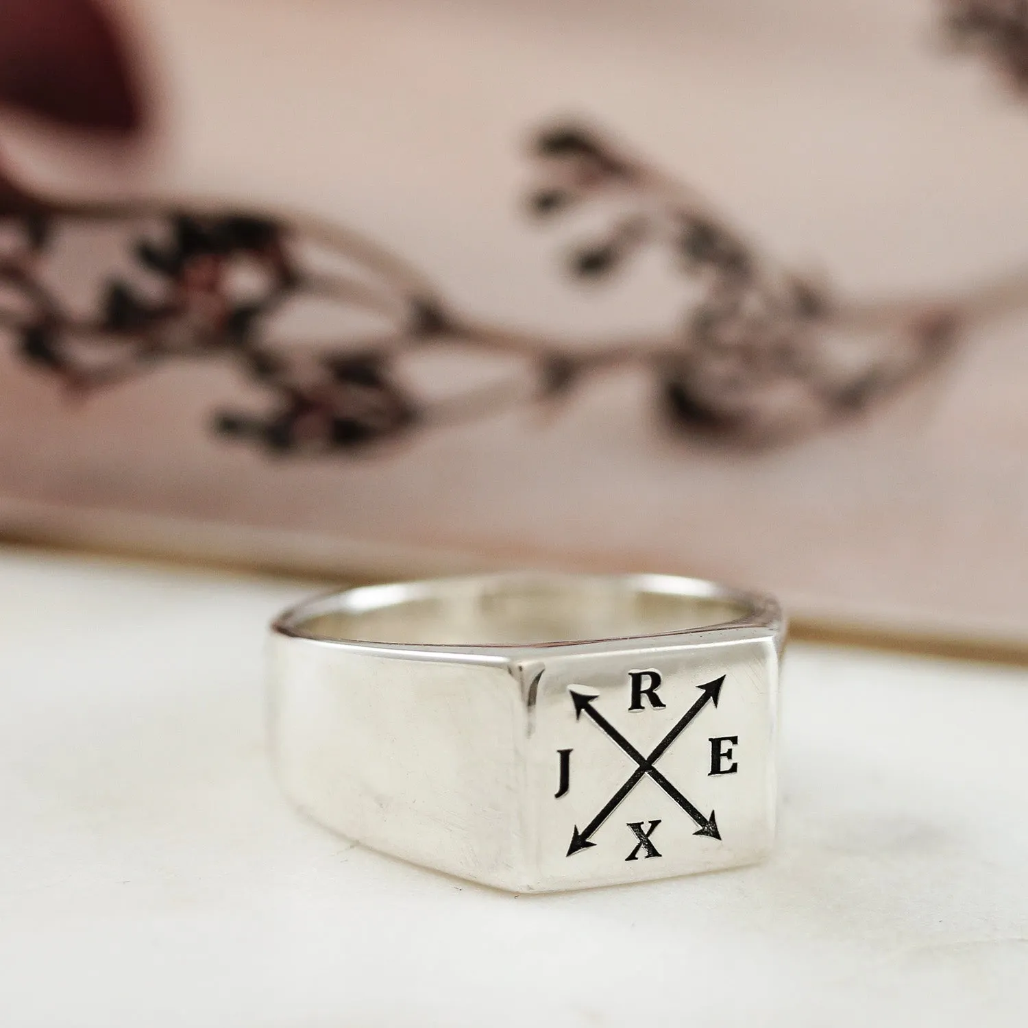 Family Initials Personalised Square Silver Signet Ring