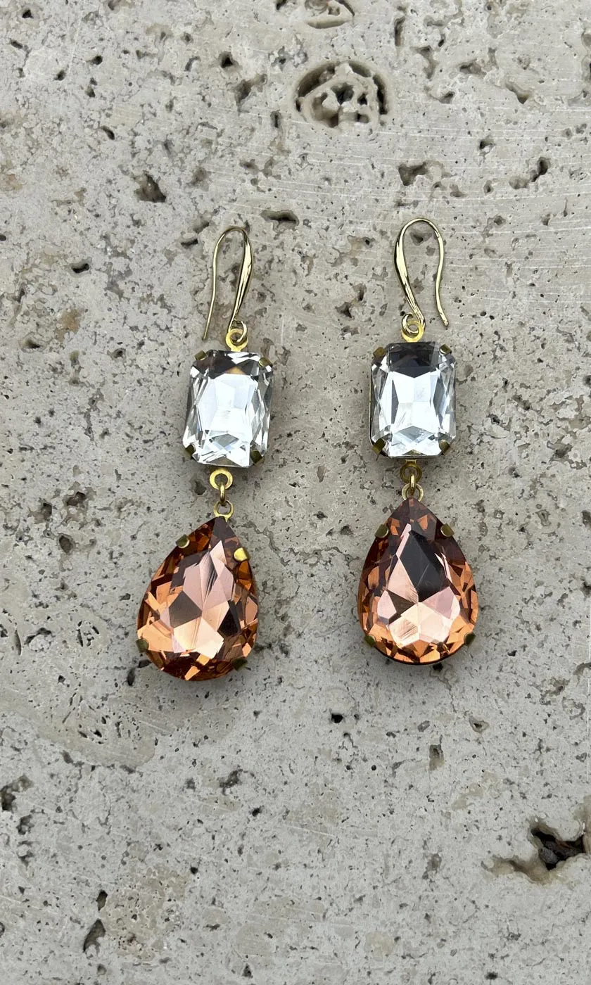 Fleur 2 Drop Teardrop Hook Earrings - Amber