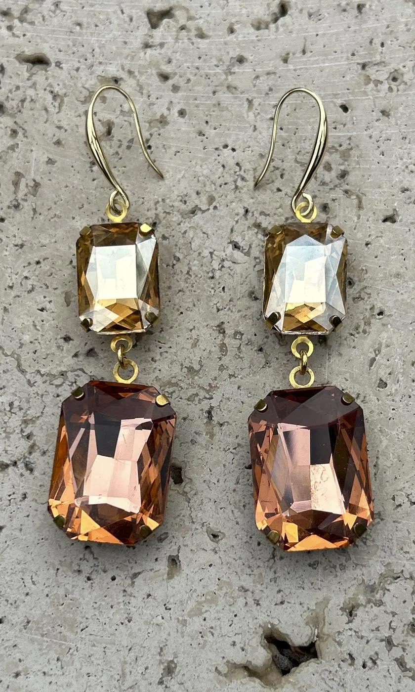 Fleur Champagne Amber Two Drop Hook Earrings