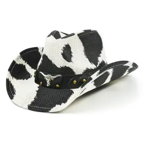 FLUFFY SENSE. Cow Print Straw Western Cowboy Cowgirl Hat with Shapeable Brim for Country Concert Outfits, Bachelorette Party etc