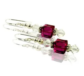 Fuchsia Cube Crystal Beaded Earrings