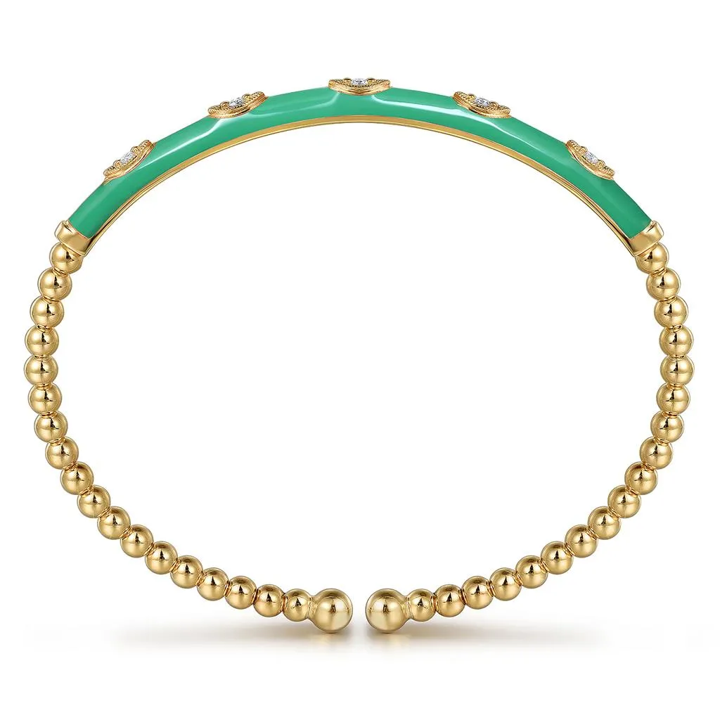 Gabriel & Co. 14K Yellow Gold Bujukan Beads and Diamond Split Bangle with Green Enamel