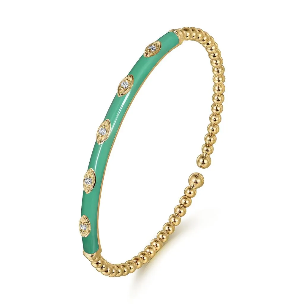 Gabriel & Co. 14K Yellow Gold Bujukan Beads and Diamond Split Bangle with Green Enamel