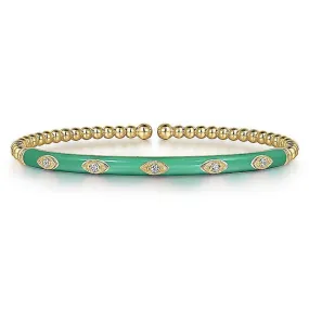 Gabriel & Co. 14K Yellow Gold Bujukan Beads and Diamond Split Bangle with Green Enamel