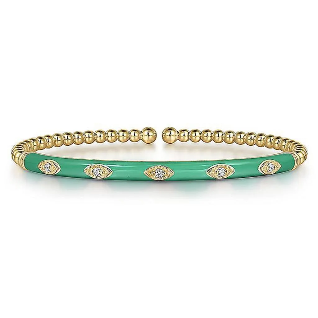 Gabriel & Co. 14K Yellow Gold Bujukan Beads and Diamond Split Bangle with Green Enamel