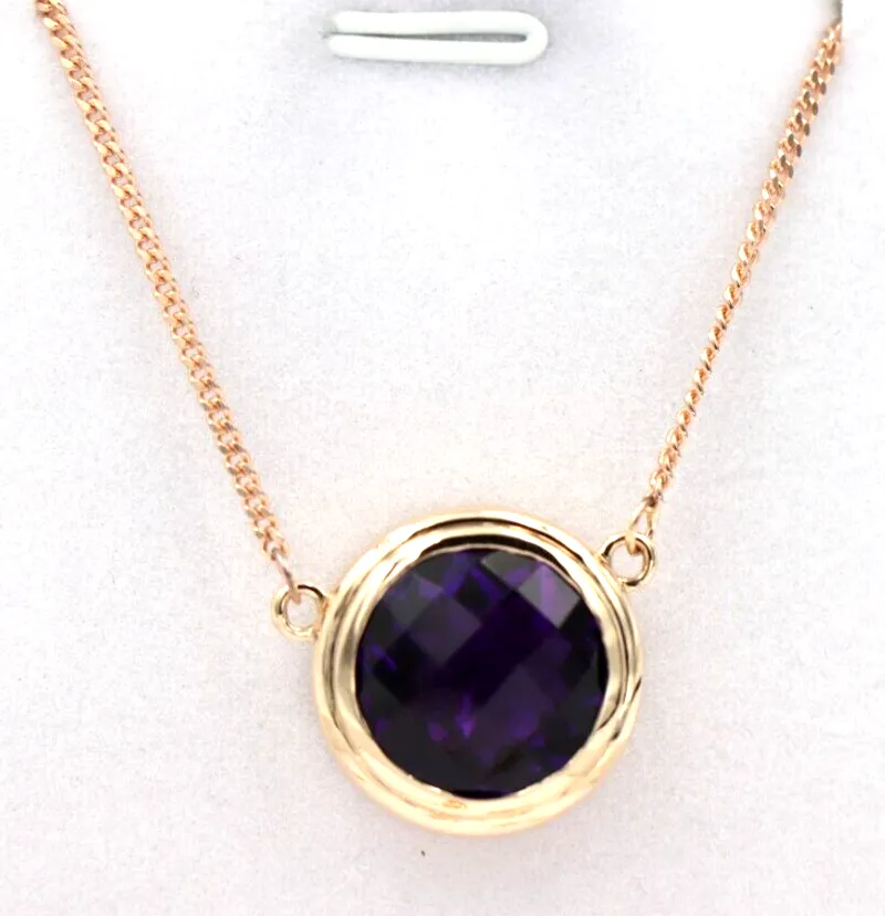 Genuine 9ct 9k Rose Gold Kerb Curb Chain Necklace & Amethyst Pendant