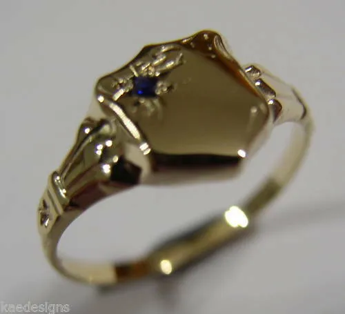 Genuine 9ct Small Yellow Gold Blue Sapphire Shield Signet Ring - Choose your ring size