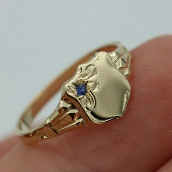 Genuine 9ct Small Yellow Gold Blue Sapphire Shield Signet Ring - Choose your ring size