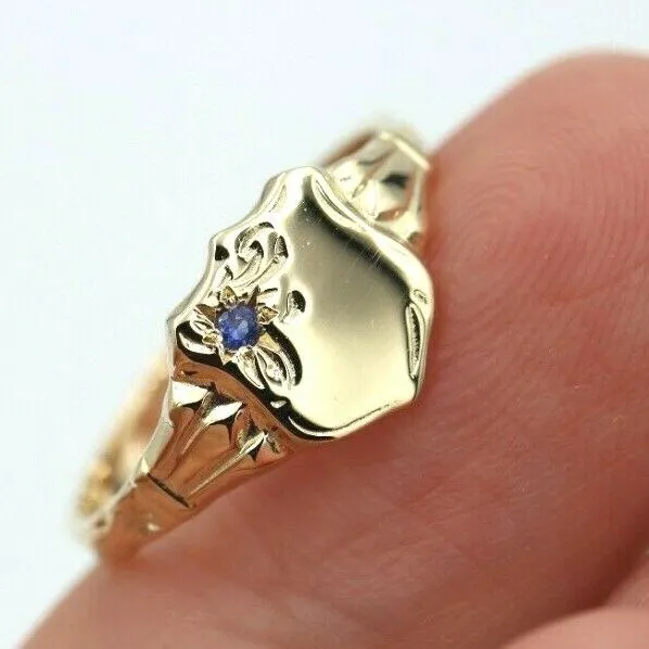 Genuine 9ct Small Yellow Gold Blue Sapphire Shield Signet Ring - Choose your ring size