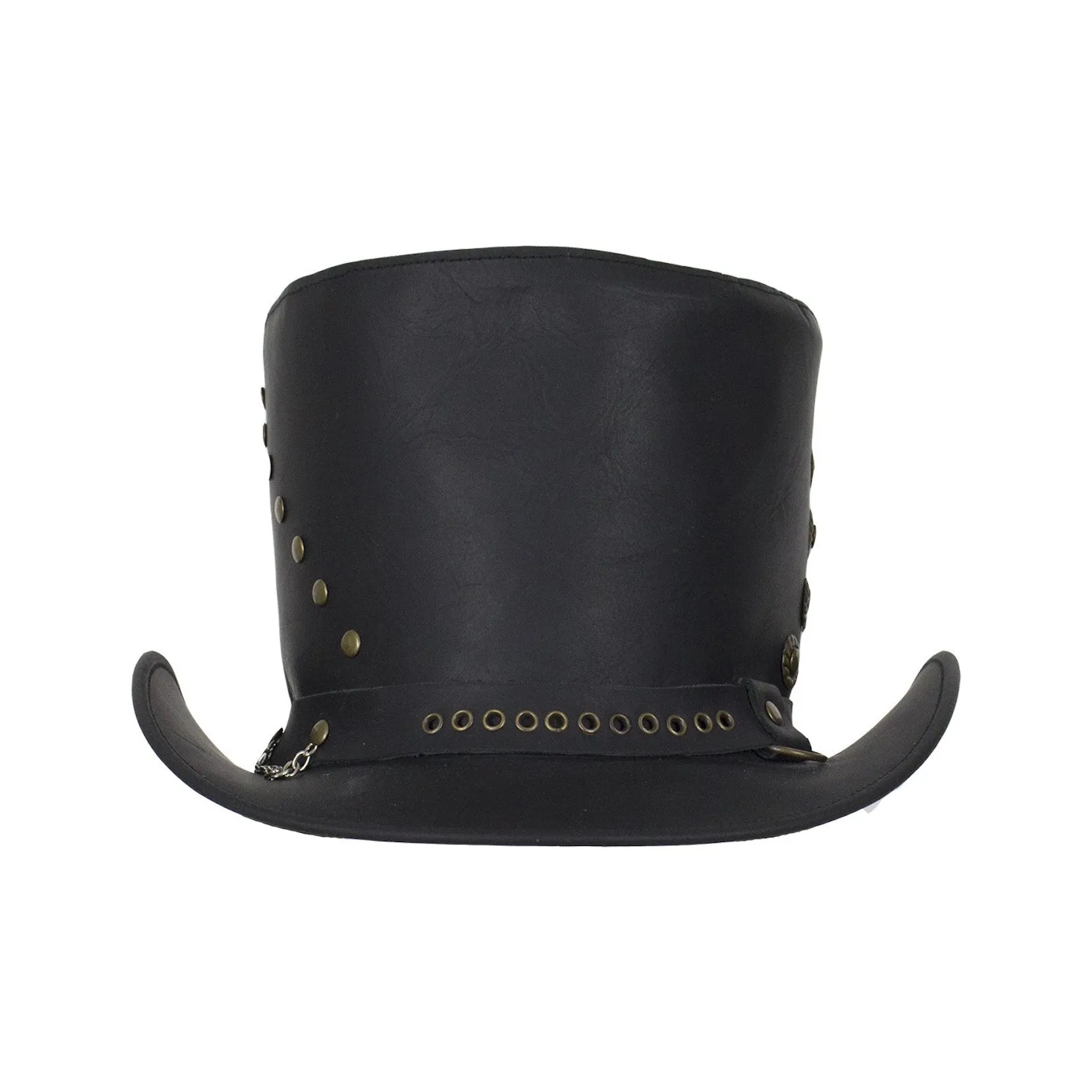 Genuine Black Leather Top Hat with Brass Studs