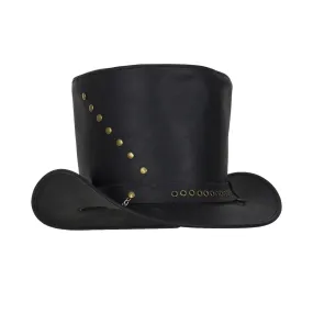 Genuine Black Leather Top Hat with Brass Studs