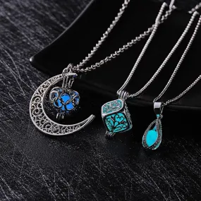 Glow In The Dark Necklace Moon Square Heart Necklaces For Woman Hollow Water Drop Pendant