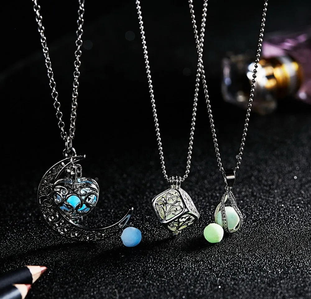 Glow In The Dark Necklace Moon Square Heart Necklaces For Woman Hollow Water Drop Pendant