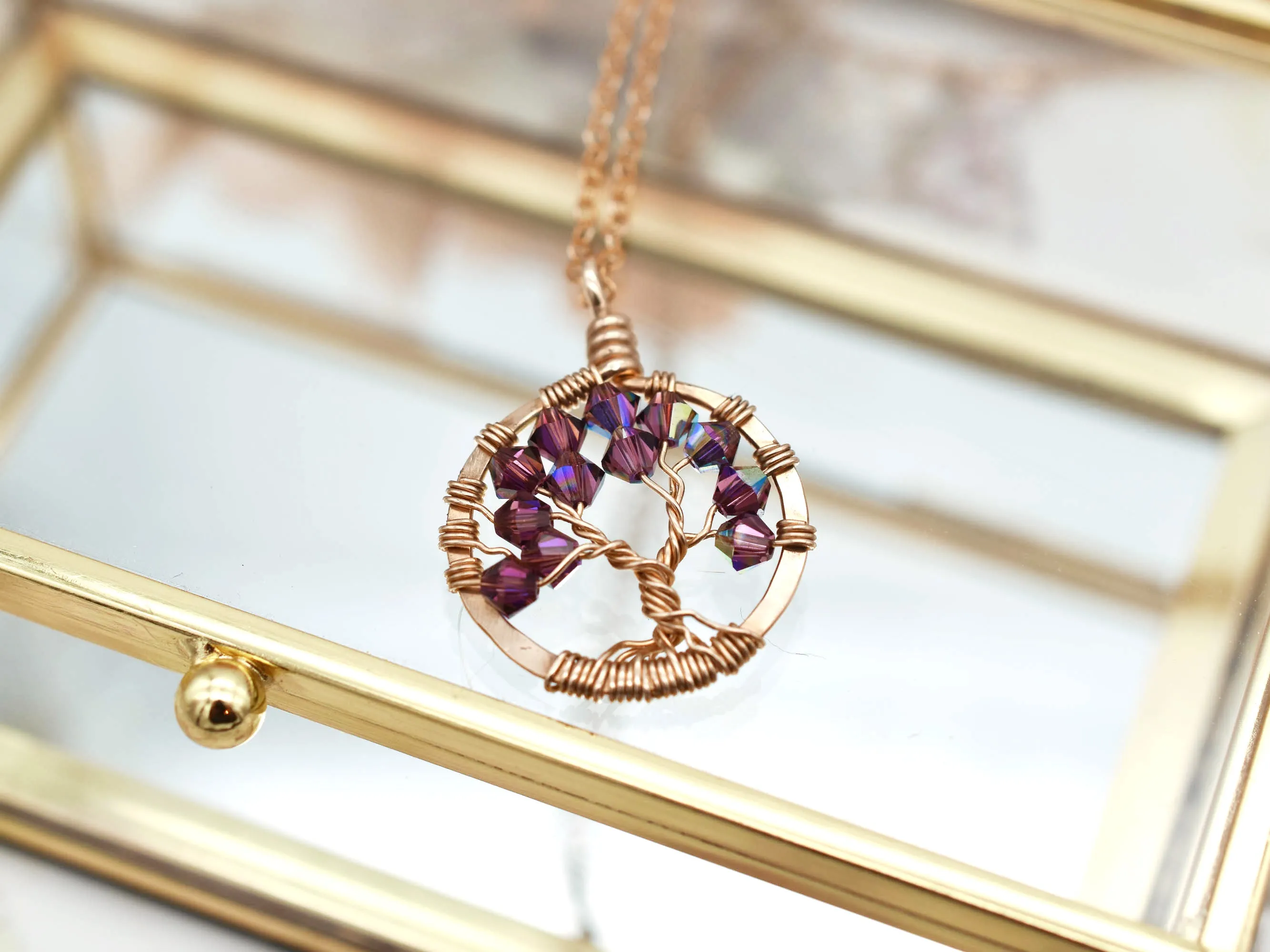 Gold Amethyst Tree of Life Crystal Necklace (February)