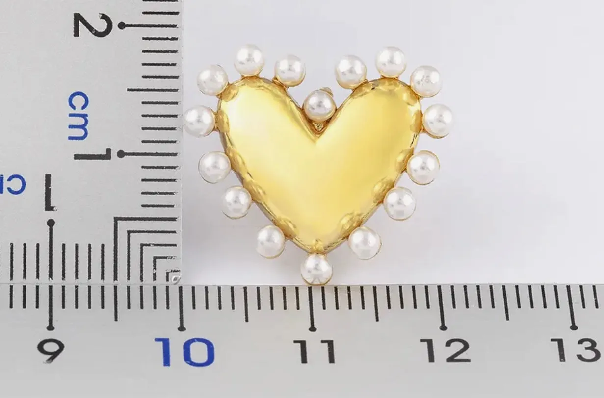 Gold and Pearl Heart-Shaped Stud Earrings