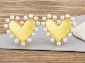 Gold and Pearl Heart-Shaped Stud Earrings