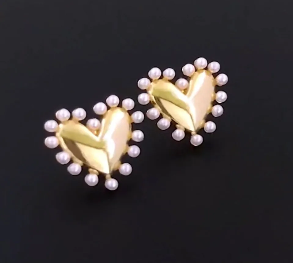 Gold and Pearl Heart-Shaped Stud Earrings