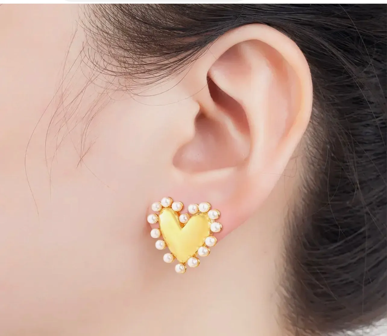 Gold and Pearl Heart-Shaped Stud Earrings