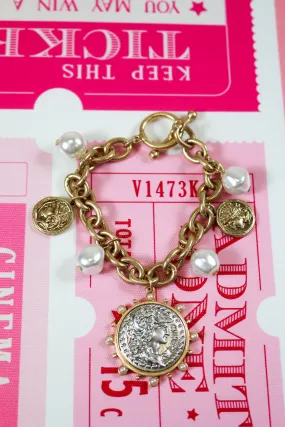 Gold Chain Coin Charms & Pearls Bracelet