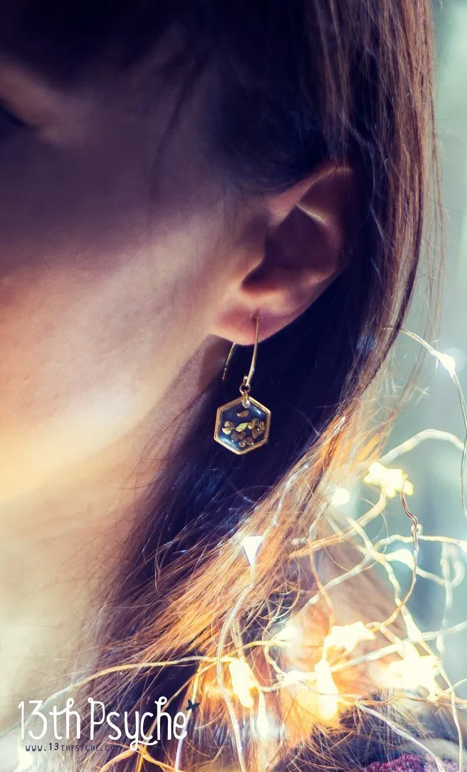 Gold honeycomb hexagon resin earrings