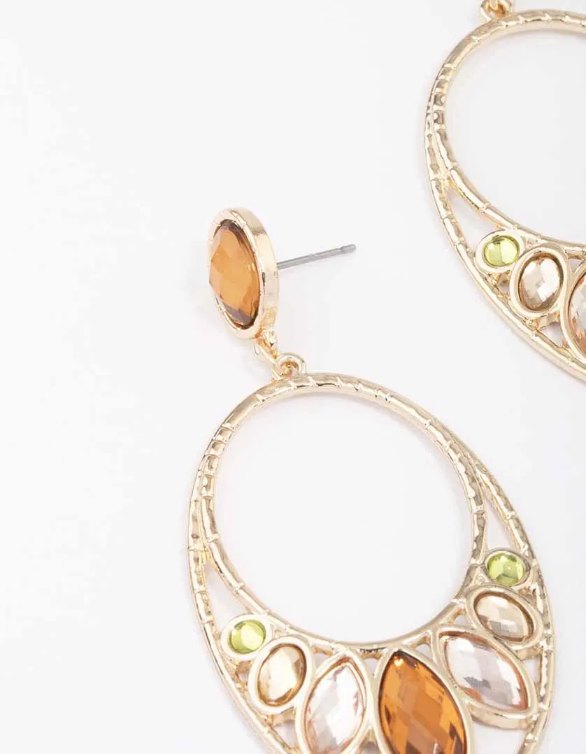 Gold Multi Gem Oval Drop Earrings