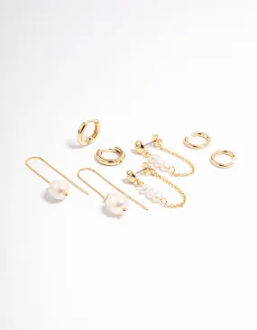 Gold Plated Freshwater Pearl Threader Huggie Earrings 4-Pack