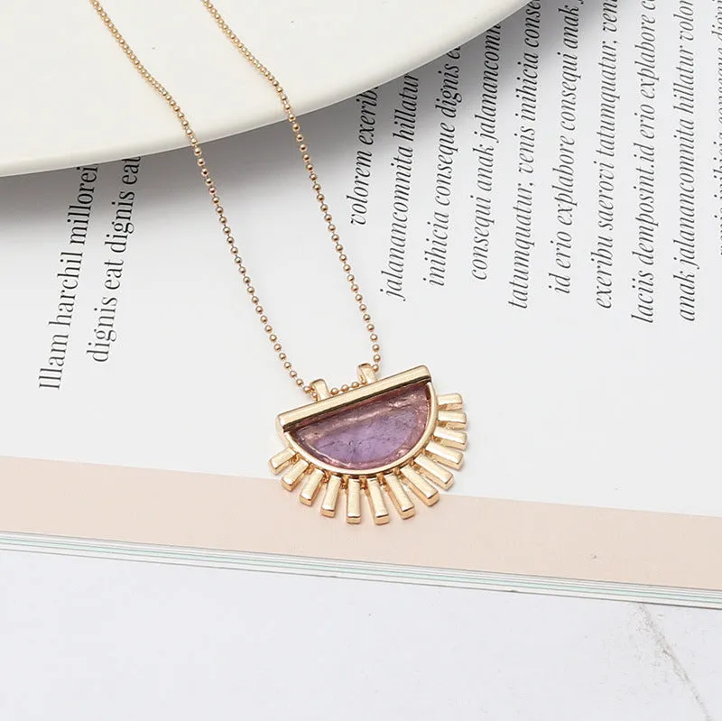 Gold-Plated Half-Moon Pendant Necklace with Amethyst Sunburst Design – Unique Geometric Jewelry-jltn0527