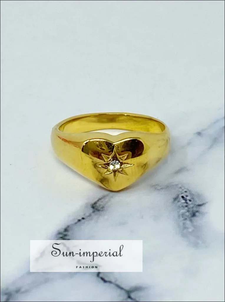 Gold Plated Sunburst Heart Signet Ring