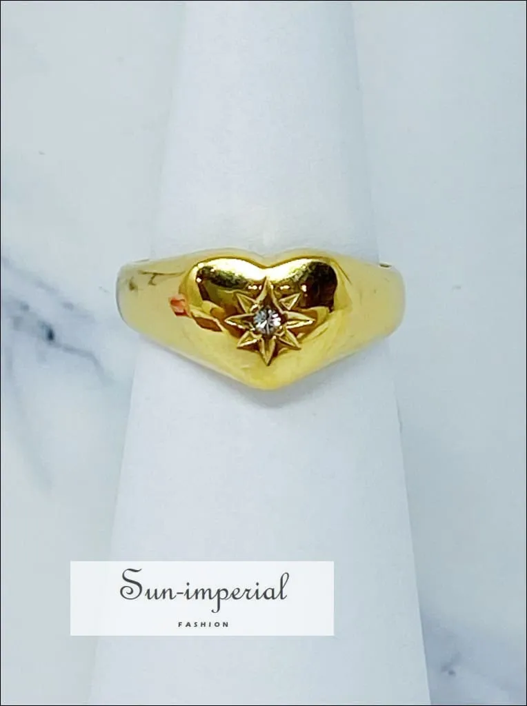 Gold Plated Sunburst Heart Signet Ring