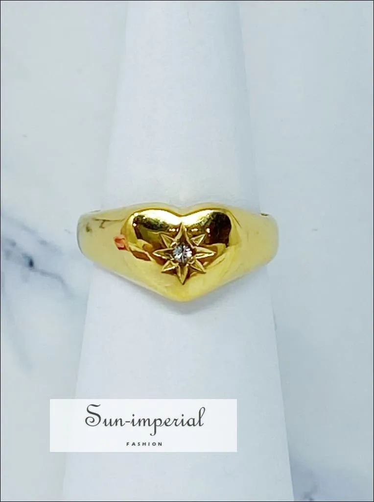 Gold Plated Sunburst Heart Signet Ring