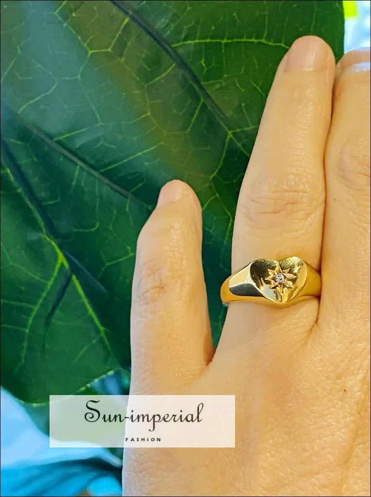 Gold Plated Sunburst Heart Signet Ring