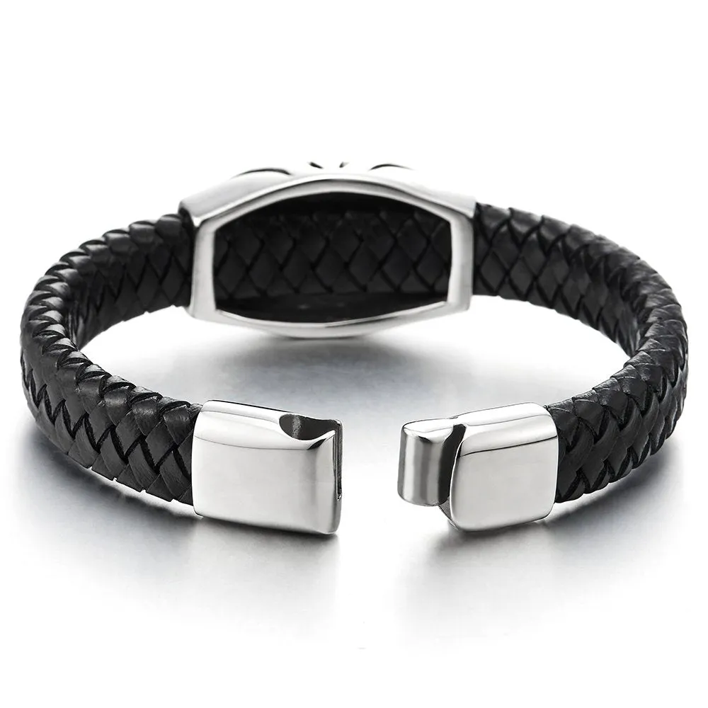 Gothic Mens Steel Pirate Skull ID Identification Braided Leather Bangle Bracelet, Silver Black