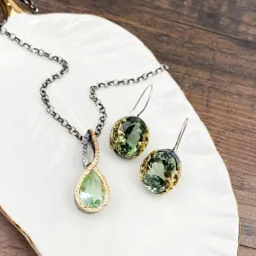 Green Amethyst Necklace & Earring Set in Oxidized Silver and Gold Vermeil