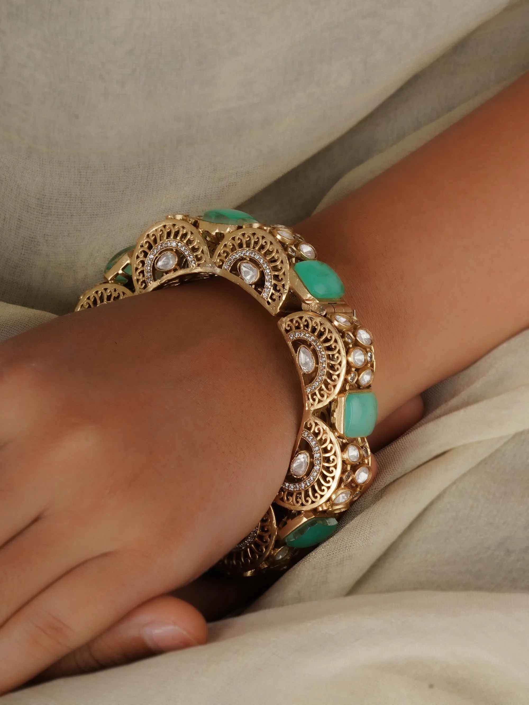 Green Color Gold Plated Faux Polki Bangles - PK-BAN4LGR