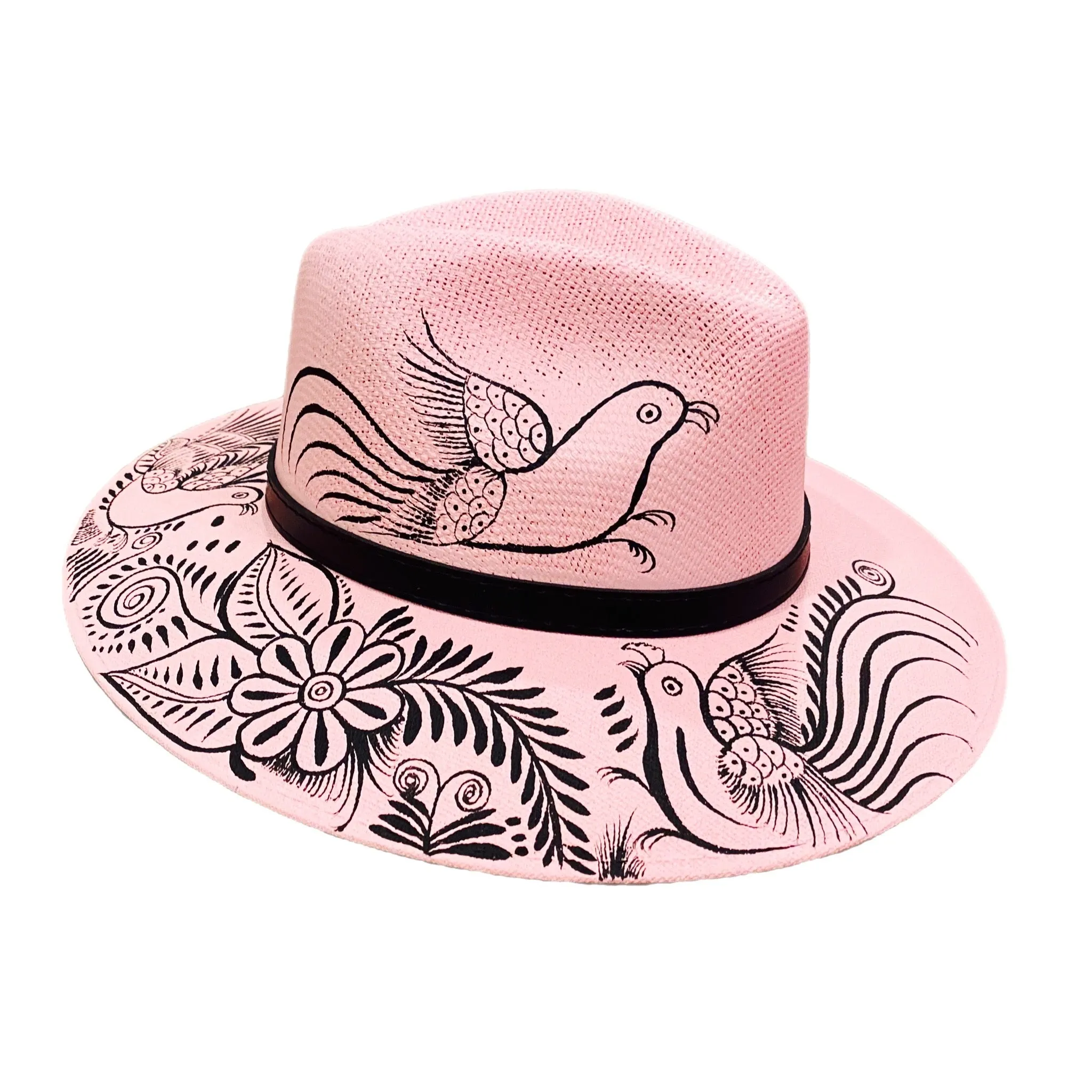 Hand-painted Hat from Mexico - Pink, Black