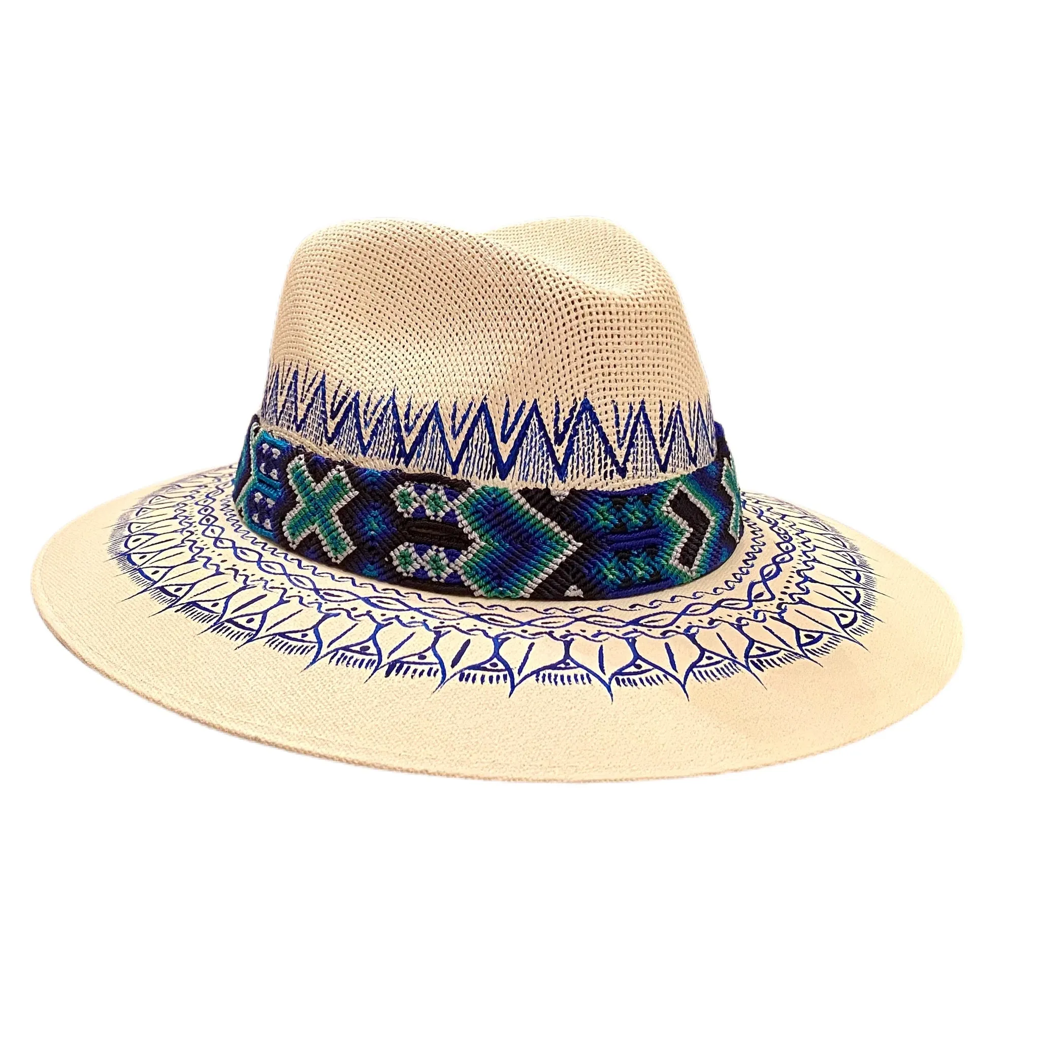 Hand-painted Hat from Mexico - White, Blue