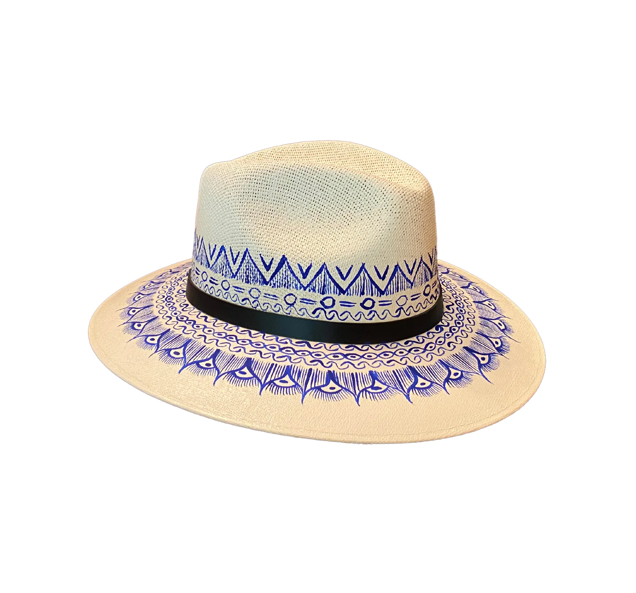 Hand-painted Hat from Mexico - White, Blue