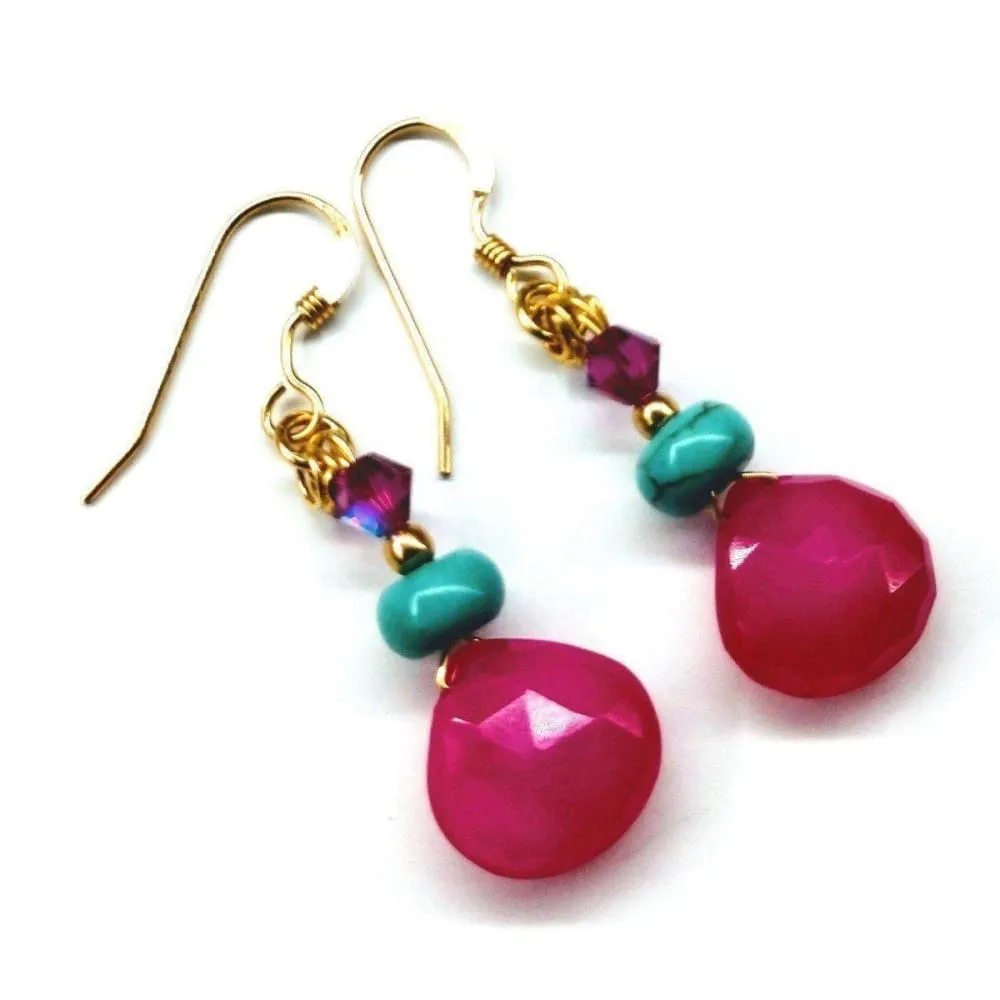 Handcrafted 14K Gold-Filled Gemstone Earrings with Hot Pink Chalcedony and Turquoise