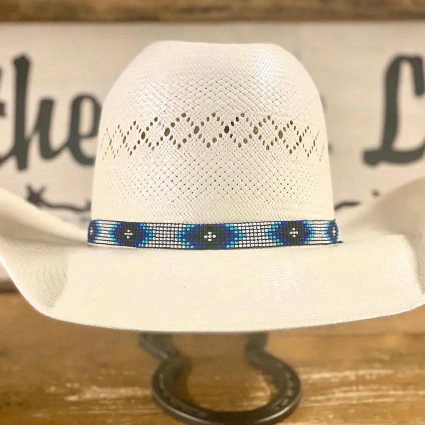 Hatband B1-F | 7 Row Beaded Stretch White/Blue