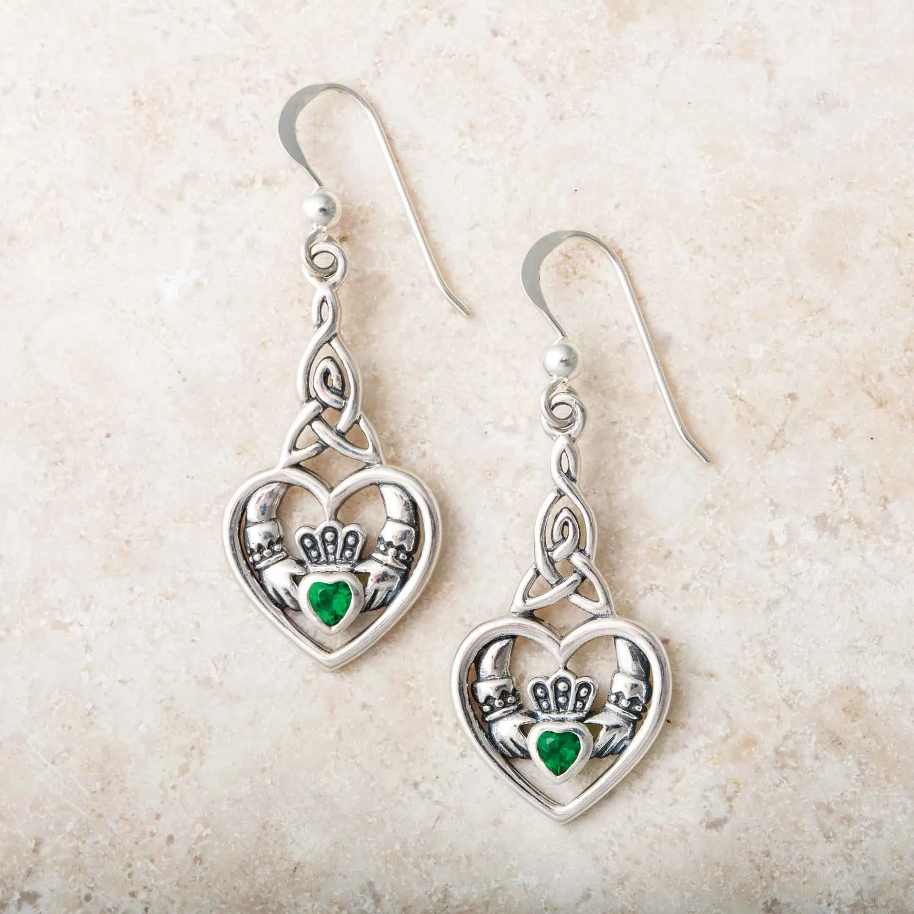 Heart Claddagh with Celtic Trinity Knot Silver Earrings with Gemstone