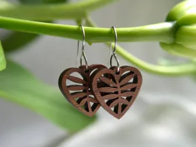 Heart Earrings in Cherry Wood - Inspired by Architectural Ornamentation