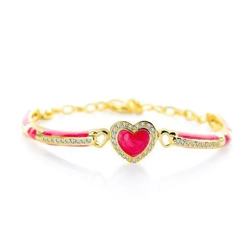 Heart Enamel Crystal Yellow Gold Plating Girls Adjustable Bangle Bracelet