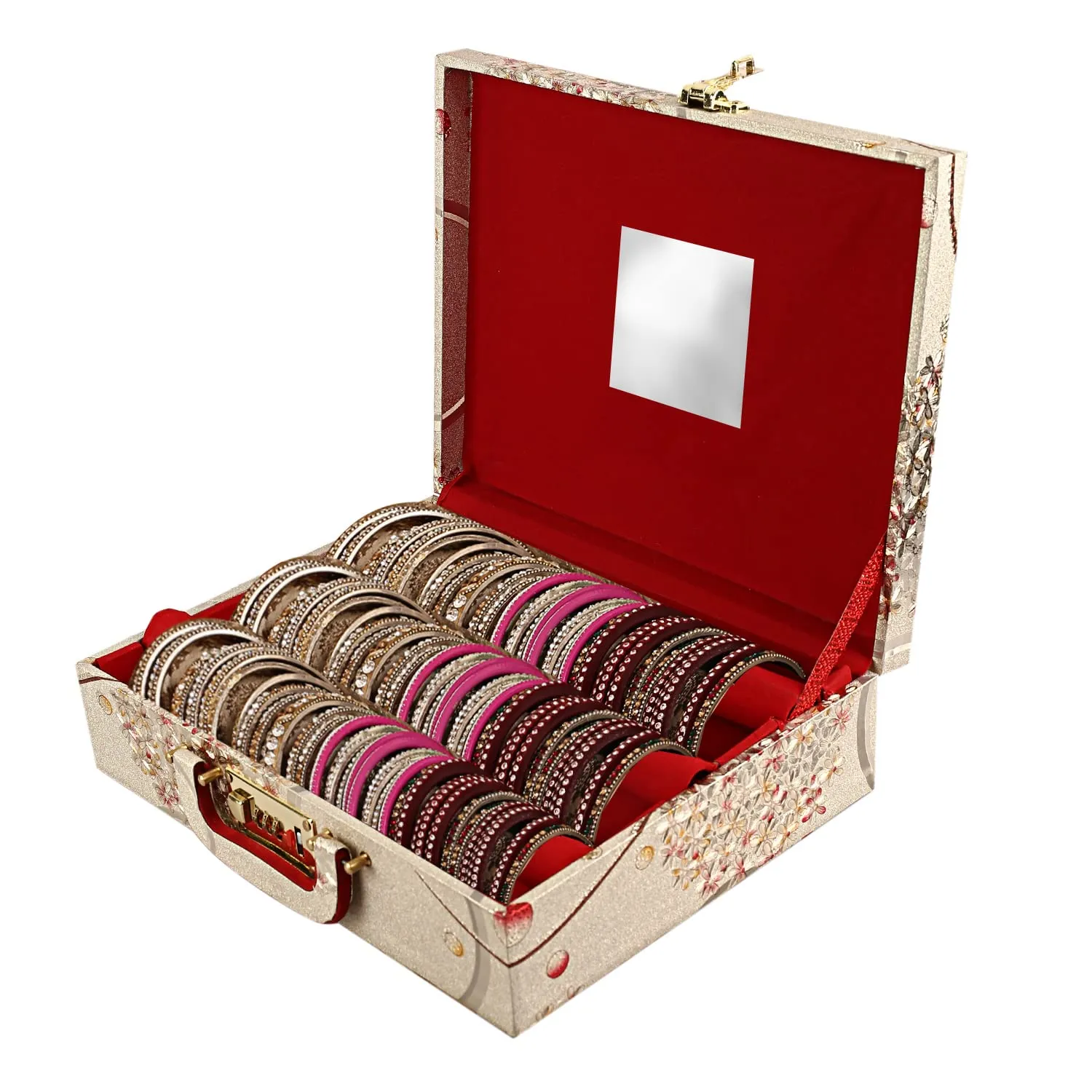 Heart Home Floral Design Wooden 3 Rod Bangle Box/Organizer For Bangle, Watches, Bracelets, Jewllery With Mirror & Number Lock System (Gold)-47HH0654