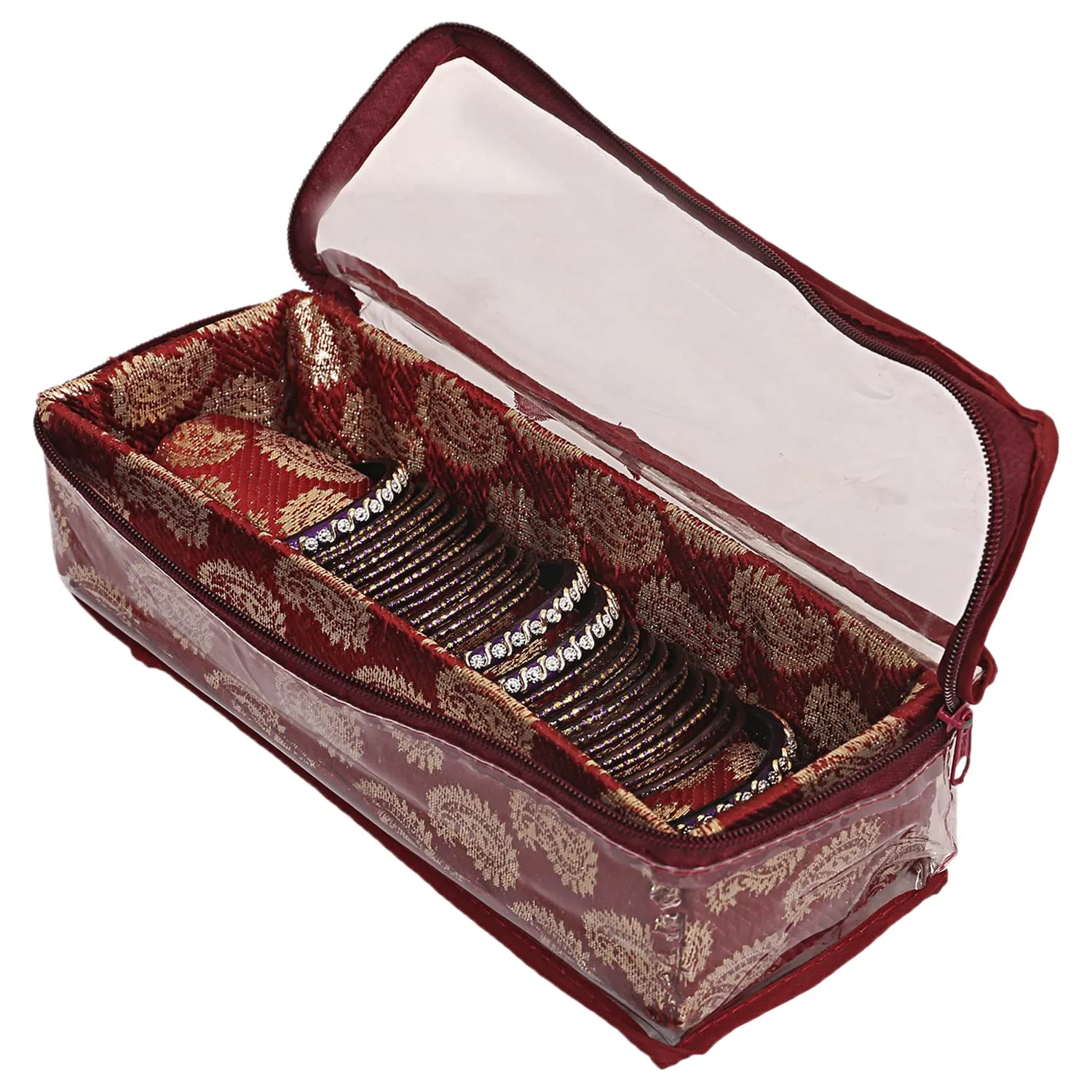 Heart Home Multipurpose Leaf Design Laminated 1 Rod Bangle Box/Organizer/Case With Tranasparent Top (Maroon)-47HH0265