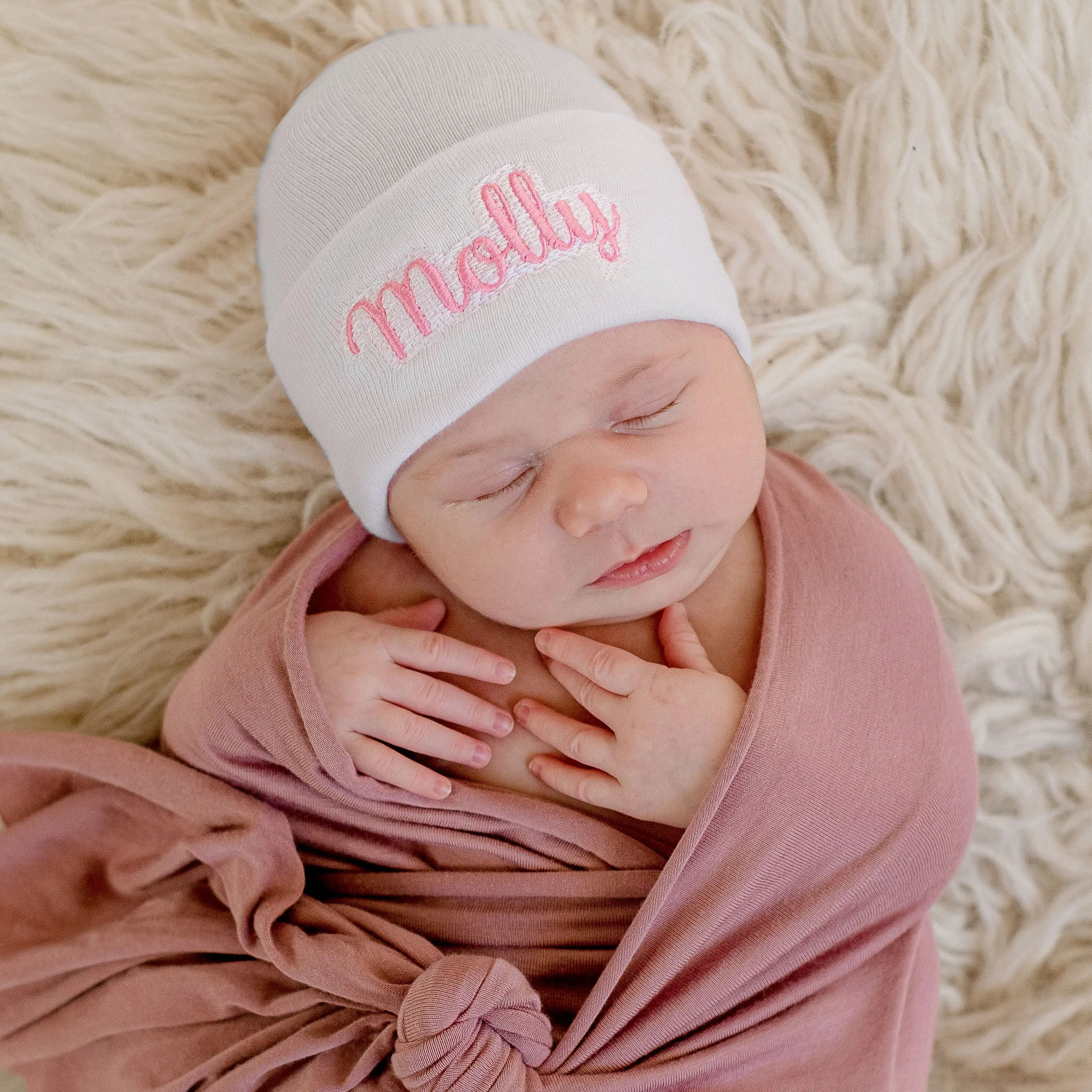 ilybean Personalized Shadow Stitch Pink, Blue or White Hospital Newborn Hospital Hat Nursery Beanie