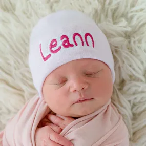 ilybean Personalized Shadow Stitch Pink, Blue or White Hospital Newborn Hospital Hat Nursery Beanie