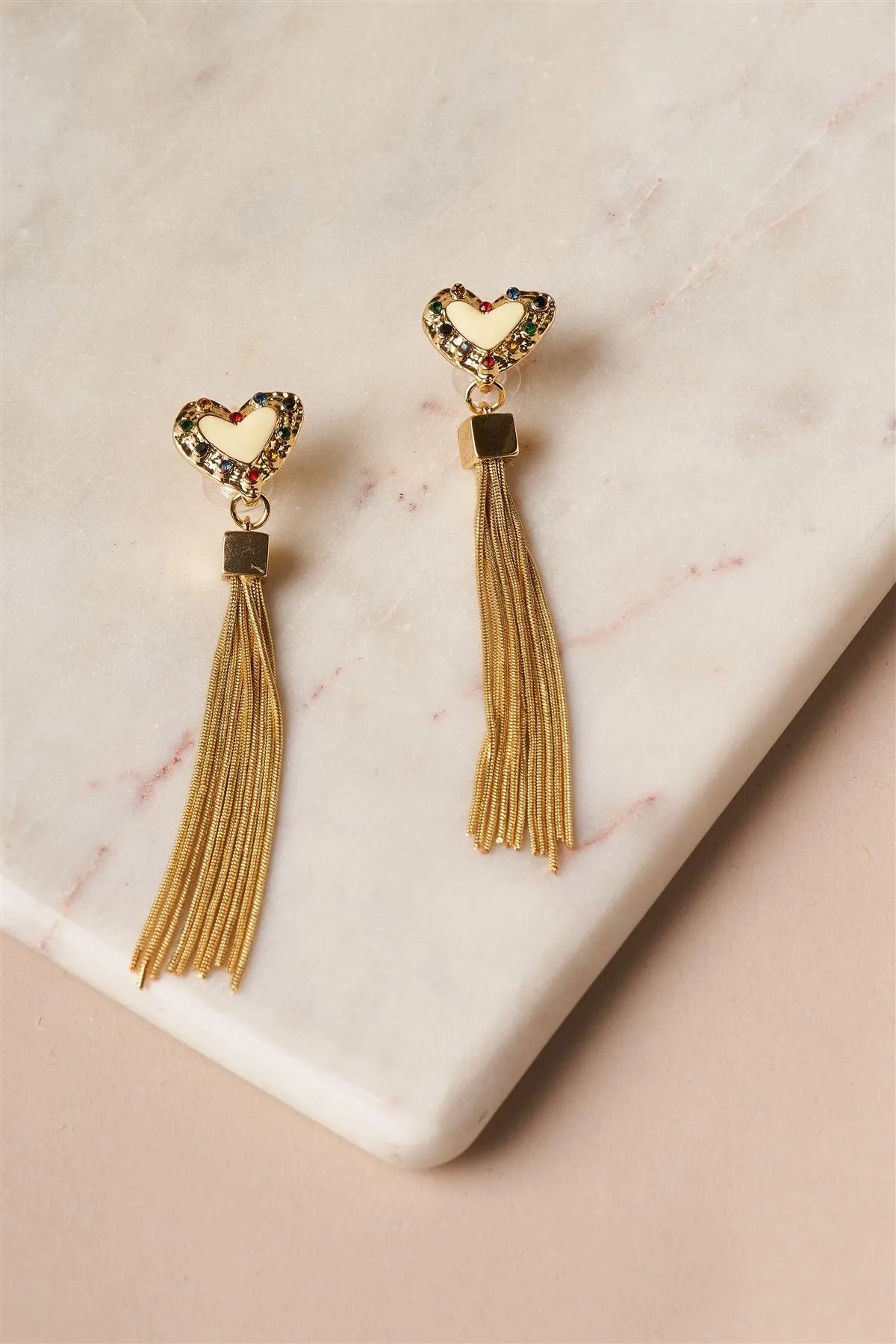 Ivory Gold Heart Chain Fringe Drop Earrings /1 Pair