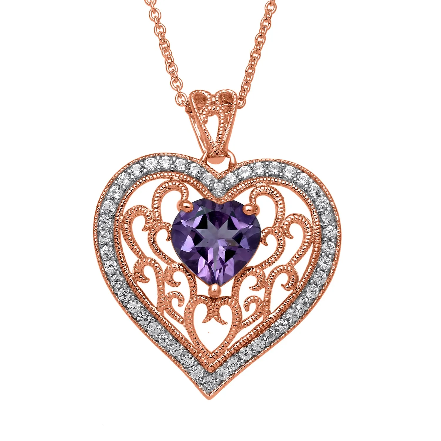 Jewelili Sterling Silver 8 mm Amethyst Heart Shape Pendant Necklace, 18" Rope chain